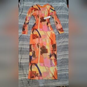 Almost Famous Vibrant Long Sleeve Dress - Orange, Pink, Blue